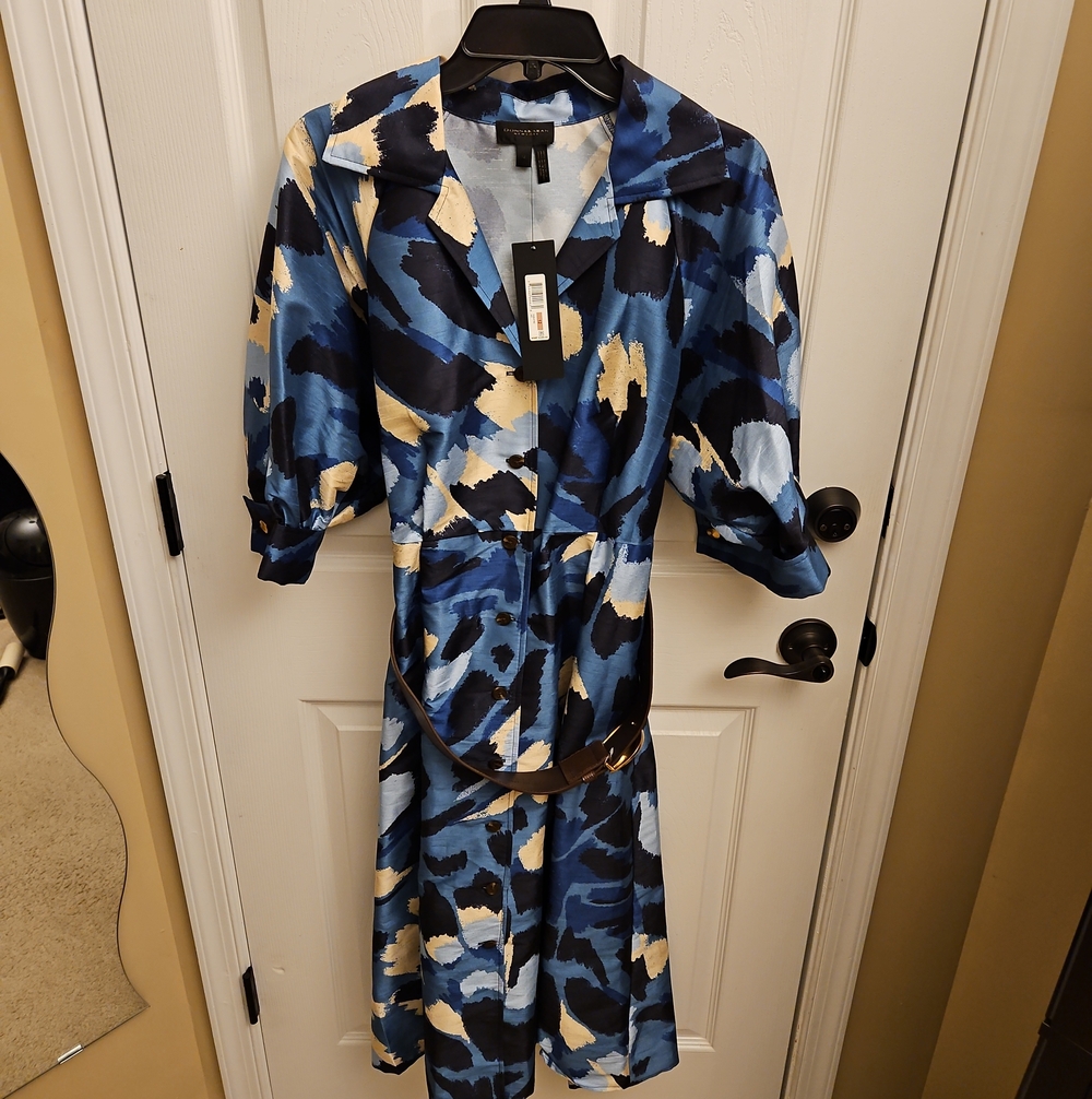 Donna Karan Blue and Cream Abstract Midi Shirt Dress